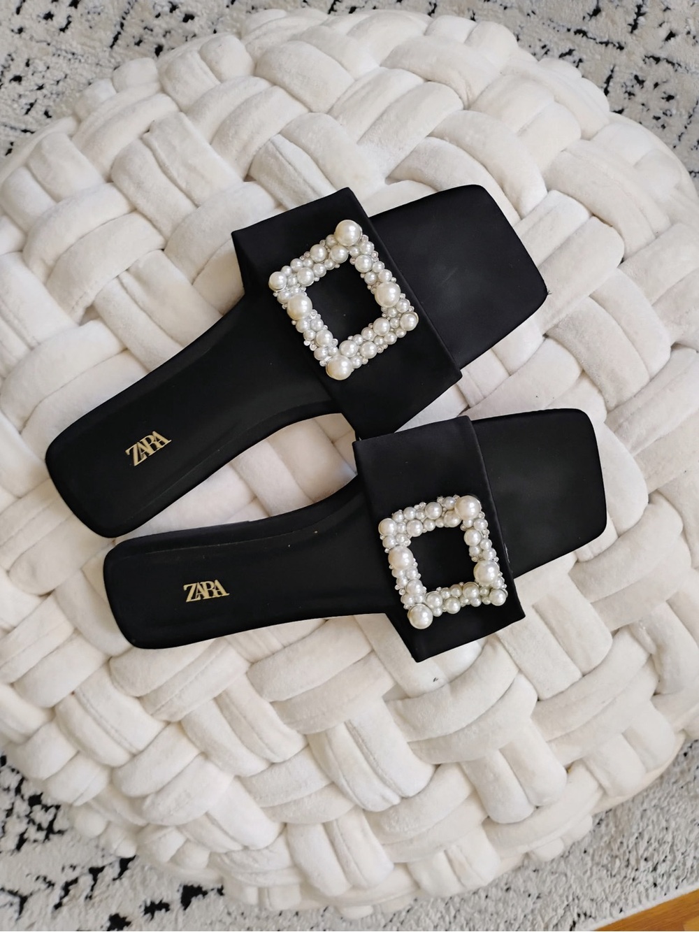 Zara Black Pearl-Buckle Slide Mules
